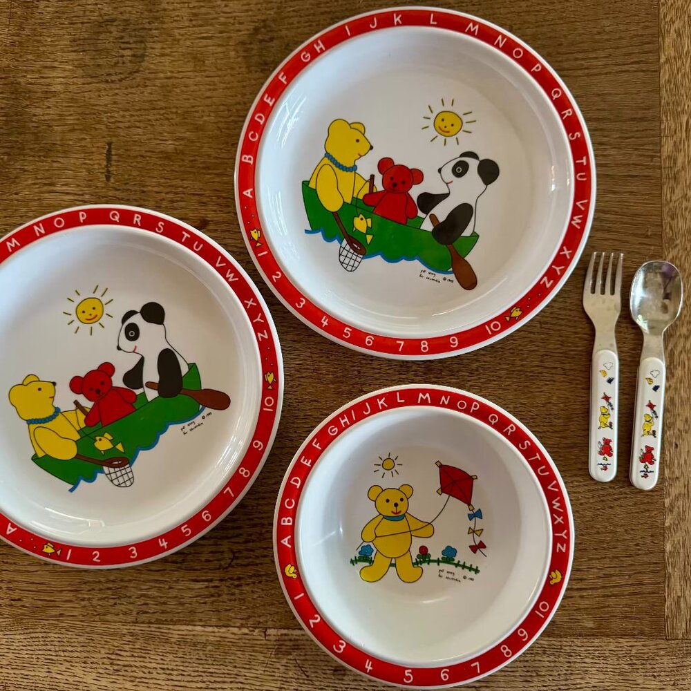Pat Wong For Selandia Children Bears At Play Childrens Cup Bowl Plate Spoon Fork